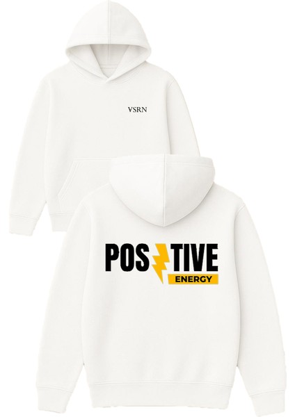 Posıtıve Energy Tasarım Baskılı Oversize Beyaz Kapüşonlu Sweatshirt