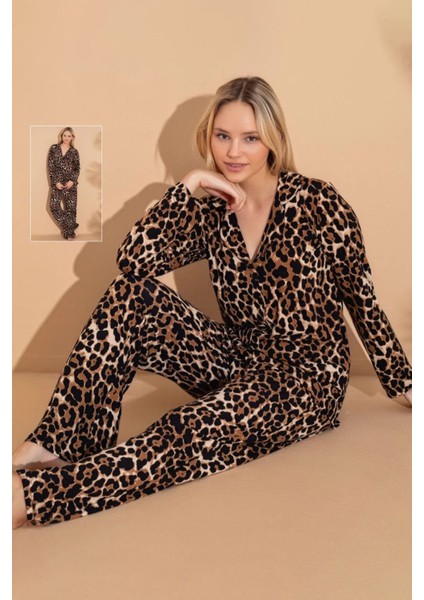 Leopar Süet Pijama Takım M