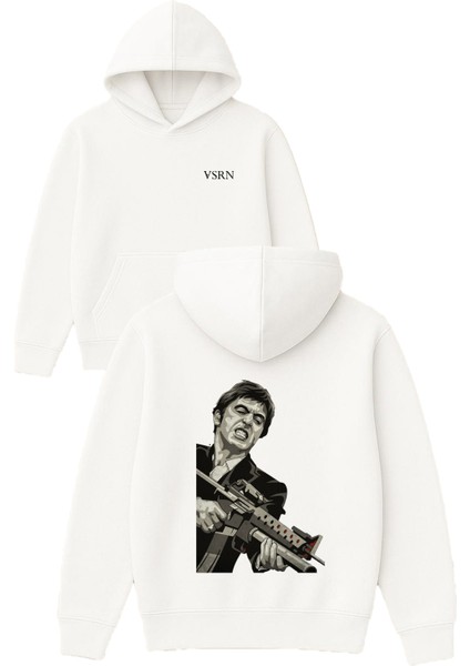 Tony Kızgın Tasarım Baskılı Oversize Beyaz Kapüşonlu Sweatshirt