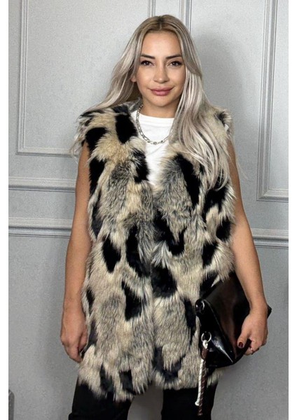 Bej Siyah Uzun Kürk Kadın Yelek