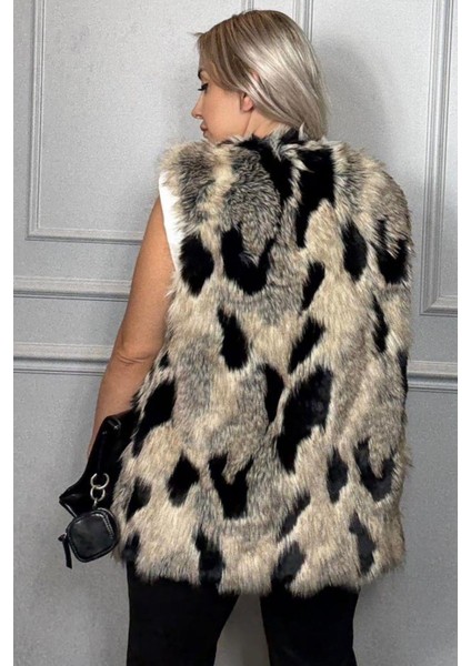 Bej Siyah Uzun Kürk Kadın Yelek modelleri