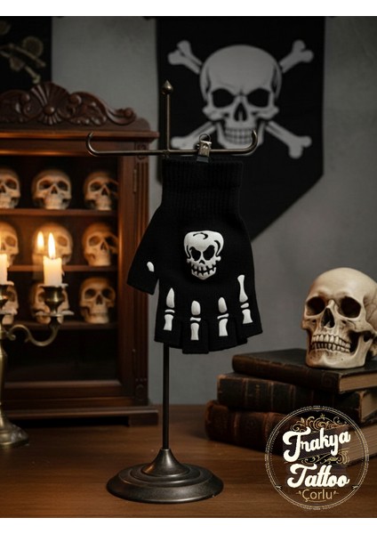 Unisex Baskılı Kesik Parmak Eldiven Gotik Kurukafa Eldiven