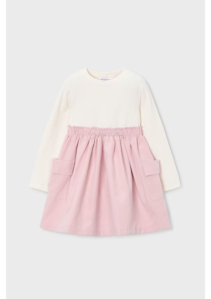 Kız Çocuk Standart Kalıp Kargo Cepli Kombin Görünümlü Elbise - Krem/pembe