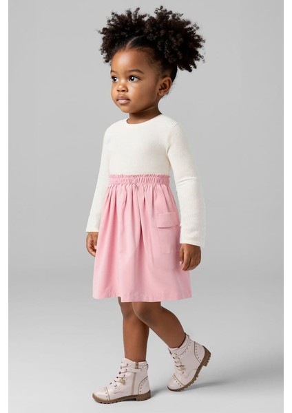 Kız Çocuk Standart Kalıp Kargo Cepli Kombin Görünümlü Elbise - Krem/pembe fırsatları