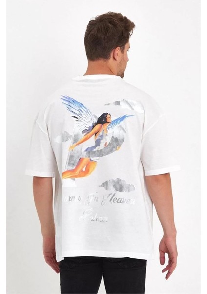 Erkek Melek Baskılı Oversize T-Shirt - Beyaz