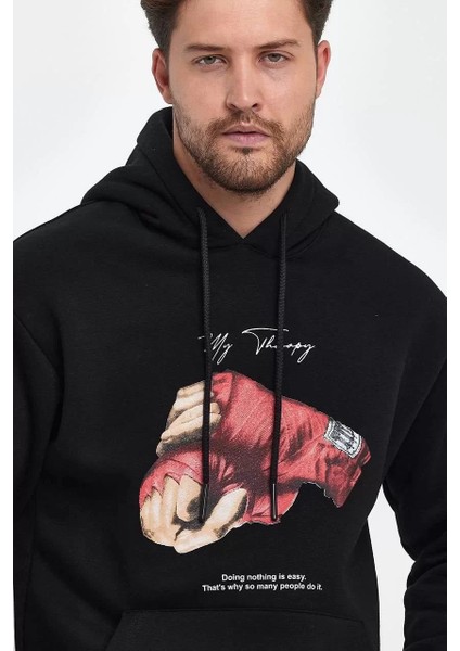 Unisex Kapüşonlu Üç Iplik Oversize Baskılı Sweatshirt - Siyah fiyatları
