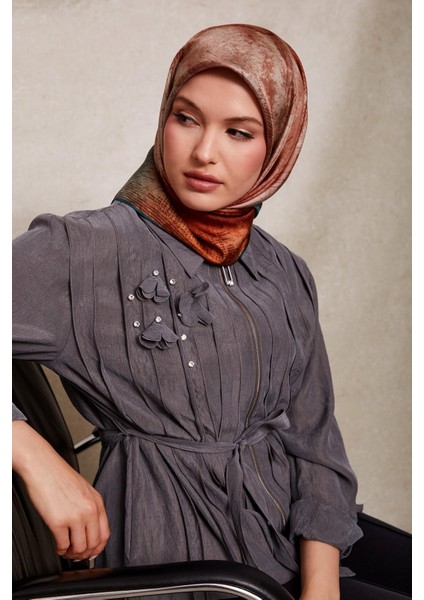 Petrol Yeşili Desenli Twill İpek Eşarp