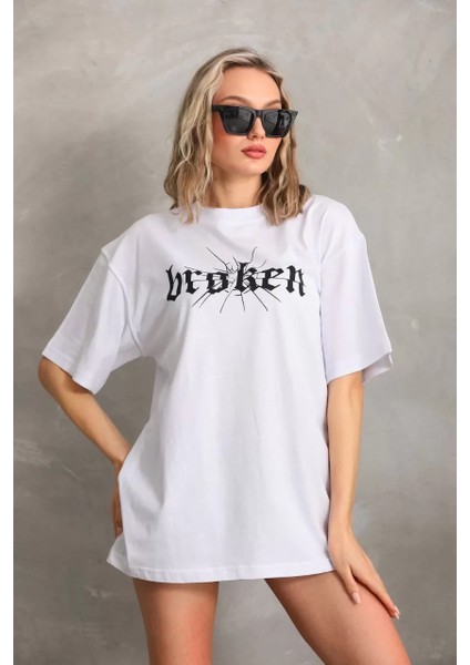 Unisex Baskılı Oversize T-Shirt - Beyaz