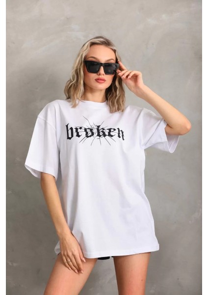 Unisex Baskılı Oversize T-Shirt - Beyaz modelleri