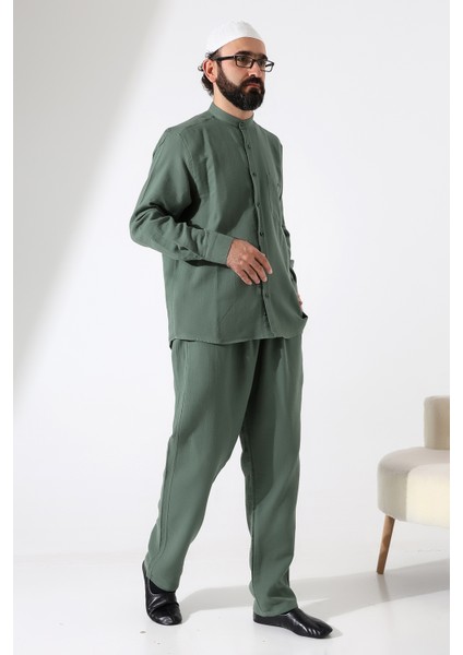 Erkek Müslin Hakim Yaka Cepli Gömlek Pantolon Ikili Takım, Hac Umre Kıyafeti - Yeşil (Ans)