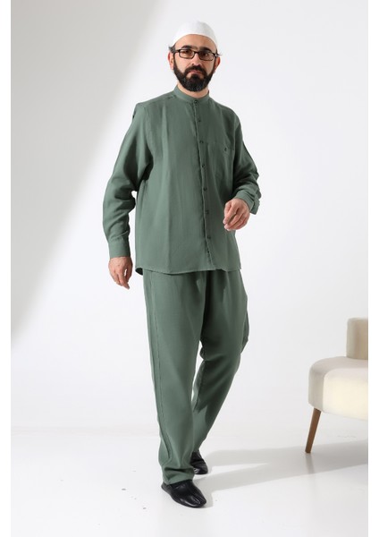 Erkek Müslin Hakim Yaka Cepli Gömlek Pantolon Ikili Takım, Hac Umre Kıyafeti - Yeşil (Ans) modelleri