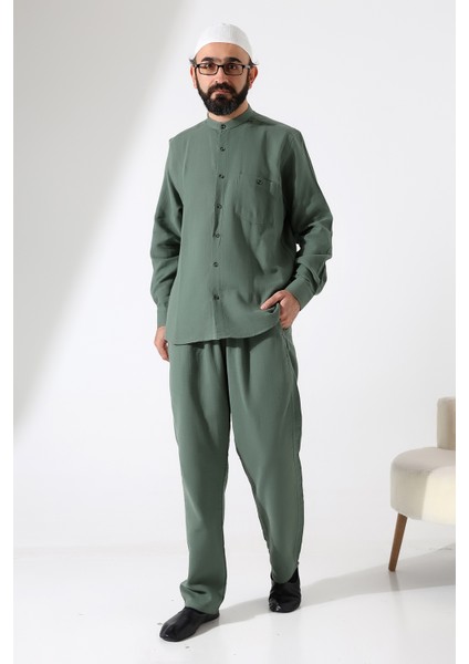 Erkek Müslin Hakim Yaka Cepli Gömlek Pantolon Ikili Takım, Hac Umre Kıyafeti - Yeşil (Ans) indirimleri