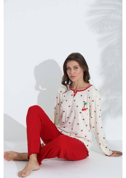 Kiraz Desenli Mevsimlik Kumaş Uzun Kollu Kadın Pijama Takımı 6200