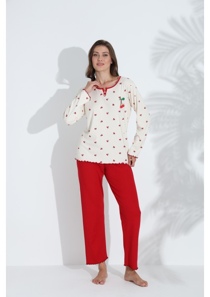 Kiraz Desenli Mevsimlik Kumaş Uzun Kollu Kadın Pijama Takımı 6200 fiyatları