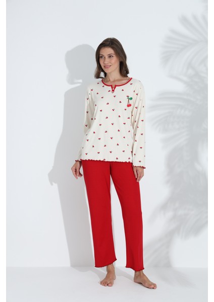 Kiraz Desenli Mevsimlik Kumaş Uzun Kollu Kadın Pijama Takımı 6200 fırsatları