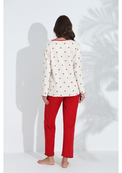 Kiraz Desenli Mevsimlik Kumaş Uzun Kollu Kadın Pijama Takımı 6200 indirimleri