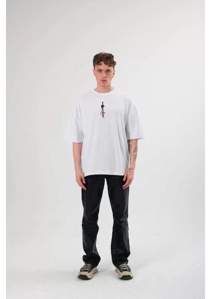 Unisex Bisiklet Yaka Baskılı Oversize T-Shirt - Beyaz