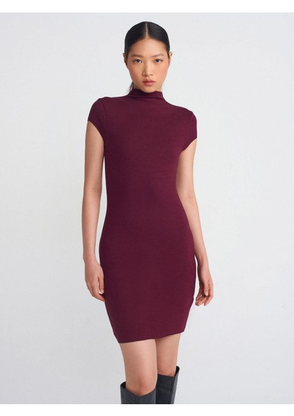 Dik Yaka Streç Mini Elbise-Açık Bordo