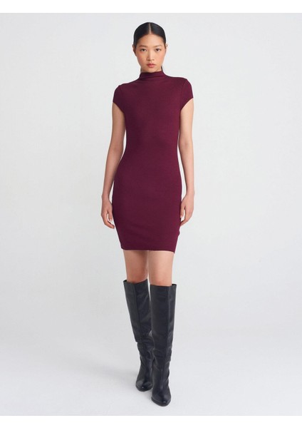 Dik Yaka Streç Mini Elbise-Açık Bordo fiyatları