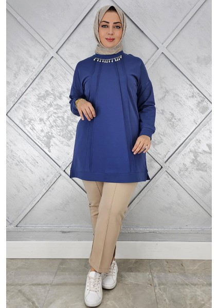 Kadın Nervür Dikim Inci Kolye Detaylı Tesettür Tunik modelleri