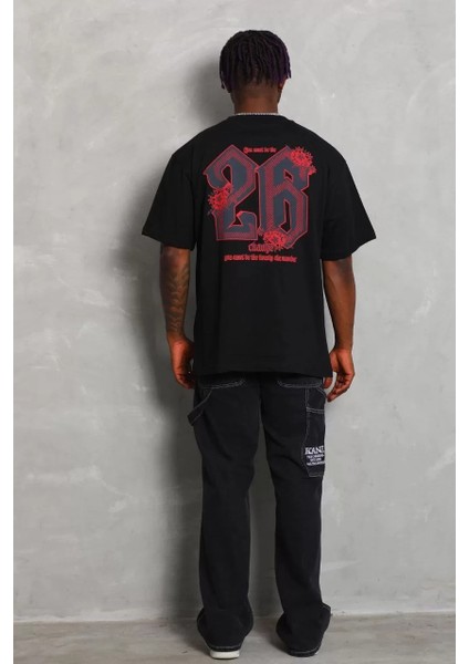 Unisex Oversize Baskılı Bisiklet Yaka T-Shirt - Siyah fiyatları