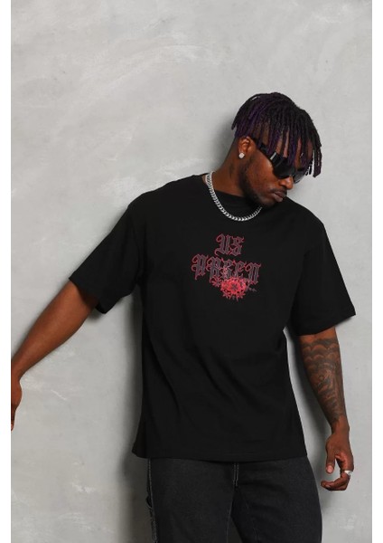 Unisex Oversize Baskılı Bisiklet Yaka T-Shirt - Siyah modelleri