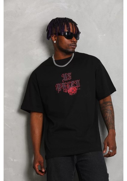 Unisex Oversize Baskılı Bisiklet Yaka T-Shirt - Siyah indirimleri