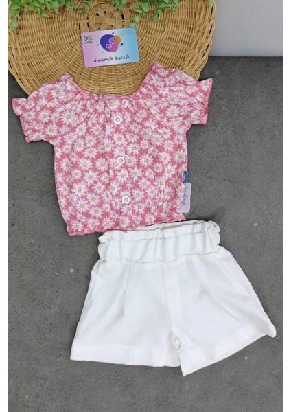 Kız Çocuk Yazlık Interlok Fitilli Kumaş Çiçek Baskılı Keten Şortlu Alt Üst 2li Takım Ince