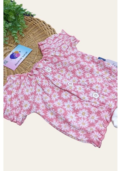 Kız Çocuk Yazlık Interlok Fitilli Kumaş Çiçek Baskılı Keten Şortlu Alt Üst 2li Takım Ince fırsatları