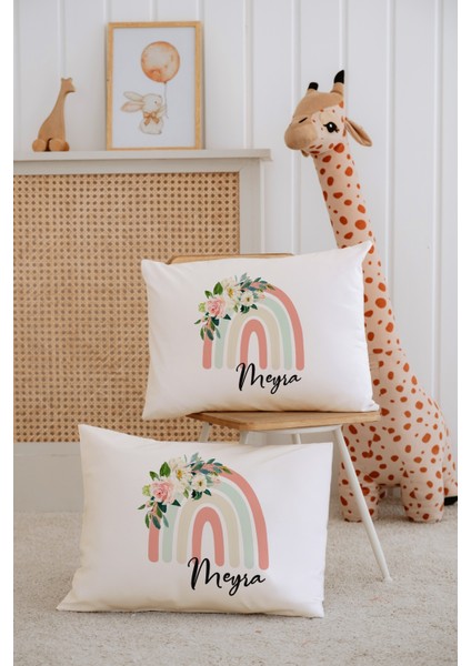 %100 Pamuk Isme Özel 2li Ekru Bebek Yastık Kılıfı 35X45 Cm-Gökkuşağı