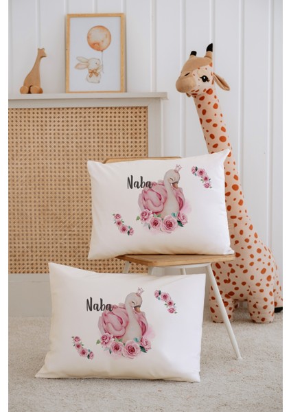 %100 Pamuk Isme Özel 2li Ekru Bebek Yastık Kılıfı 35X45 Cm-Kuğu
