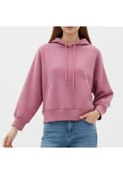 Kadın Oversize Üç Iplik Şardonlu Yarasa Kol Kapüşonlu Crop Sweatshirt