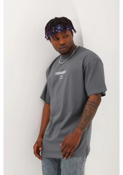 Unisex Oversize Baskılı Bisiklet Yaka T-Shirt - Füme fiyatları