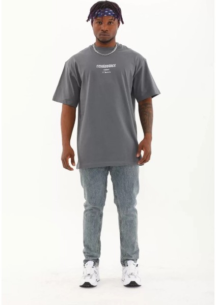 Unisex Oversize Baskılı Bisiklet Yaka T-Shirt - Füme modelleri