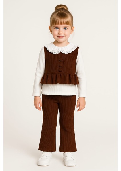 Saç Örgü Desenli Yaka Dantel Detaylı Kız Çocuk Takım