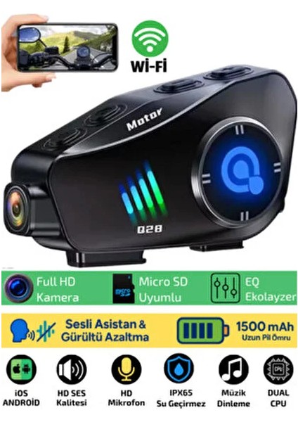 C Q28 Motosiklet Bluetooth Kask Kulaklık Kamera Ses Kontrolü 1080P Video Kayıt Interkom