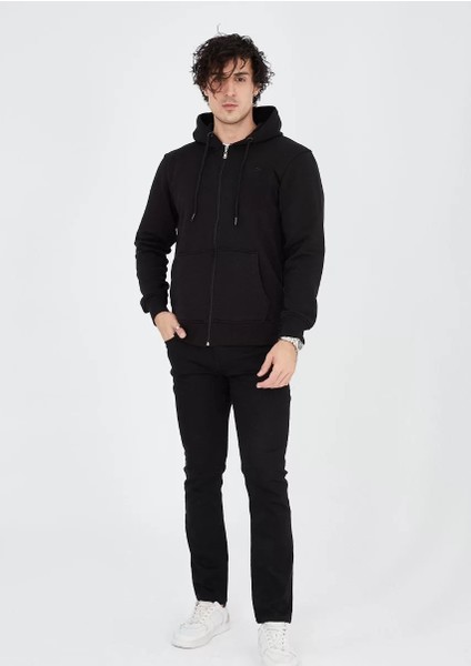 Unisex Tam Fermuarlı Kapşonlu Sweatshirt - Siyah modelleri