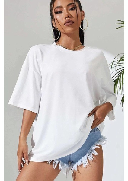 Unisex Baskılı Oversize T-Shirt - Beyaz fiyatları