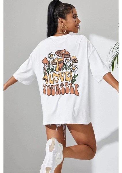 Unisex Baskılı Oversize T-Shirt - Beyaz modelleri