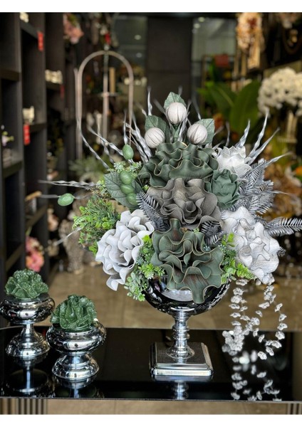 Yapay Çiçekli Gümüş Kare Ayak Vazo 3 Parça Set No:4