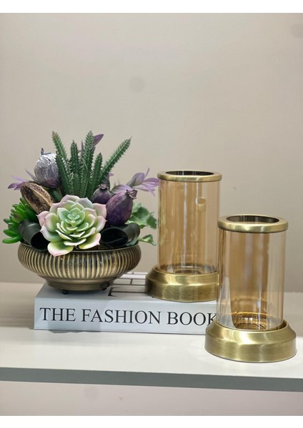 Yapay Sukulentli Vazo ve Ikili Mumluk Set Kitap Kutu Hediyeli No:4