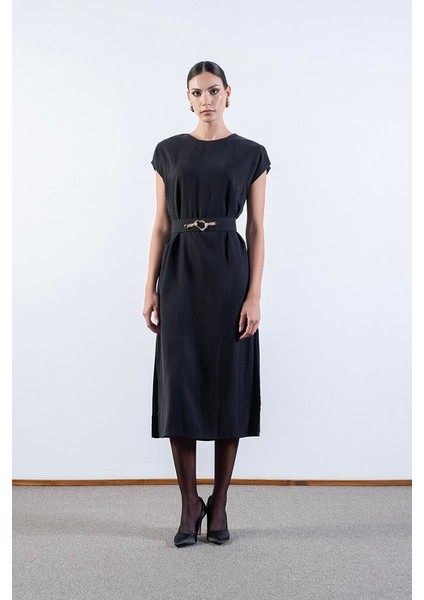 Rowland Bisiklet Yaka Yanları Omuzları Yırtmaçlı Kemerli Elbise Siyah