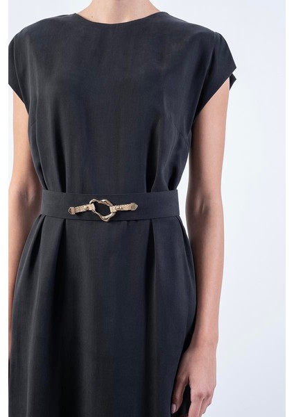 Rowland Bisiklet Yaka Yanları Omuzları Yırtmaçlı Kemerli Elbise Siyah indirimleri