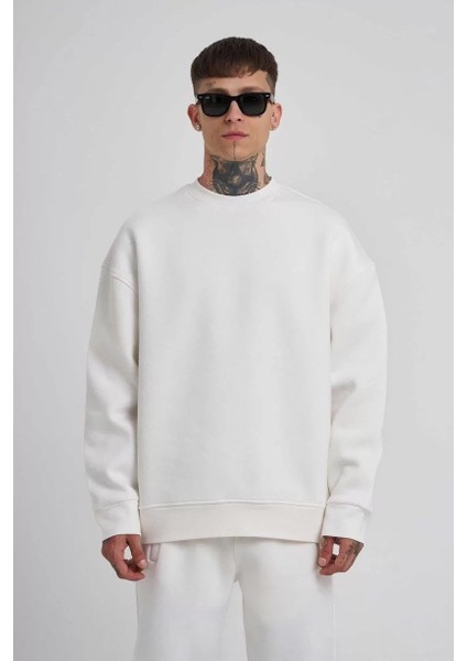 Unisex Biskilet Yaka Üç Iplik Sweatshirt - Beyaz