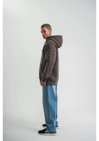 Double Oversize Kapşonlu Nakışlı Sweatshirt - Füme modelleri