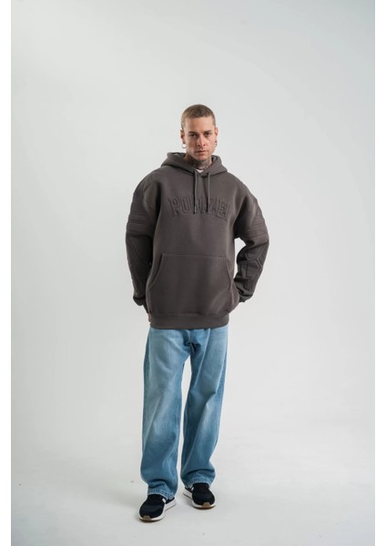 Double Oversize Kapşonlu Nakışlı Sweatshirt - Füme fırsatları