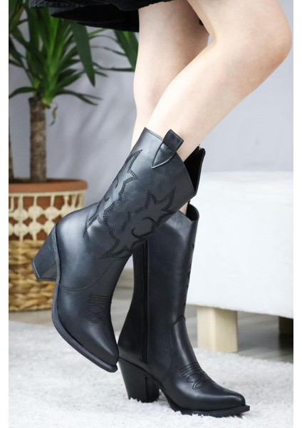 Kadın Siyah Cilt Kovboy 7 cm Topuklu Fermuarlı Çizme Siyah