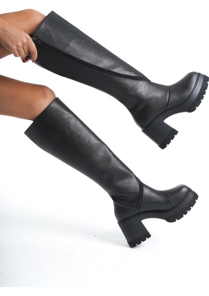 Kadın Döner Fermuarlı Diz Boyu Çizme Siyah fiyatları