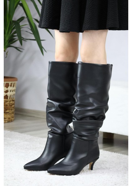 Kadın Oslo Topuklu Büzgülü Şık Tarz Günlük Rahat Çizme Siyah