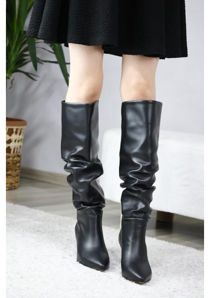 Kadın Oslo Topuklu Büzgülü Şık Tarz Günlük Rahat Çizme Siyah fırsatları